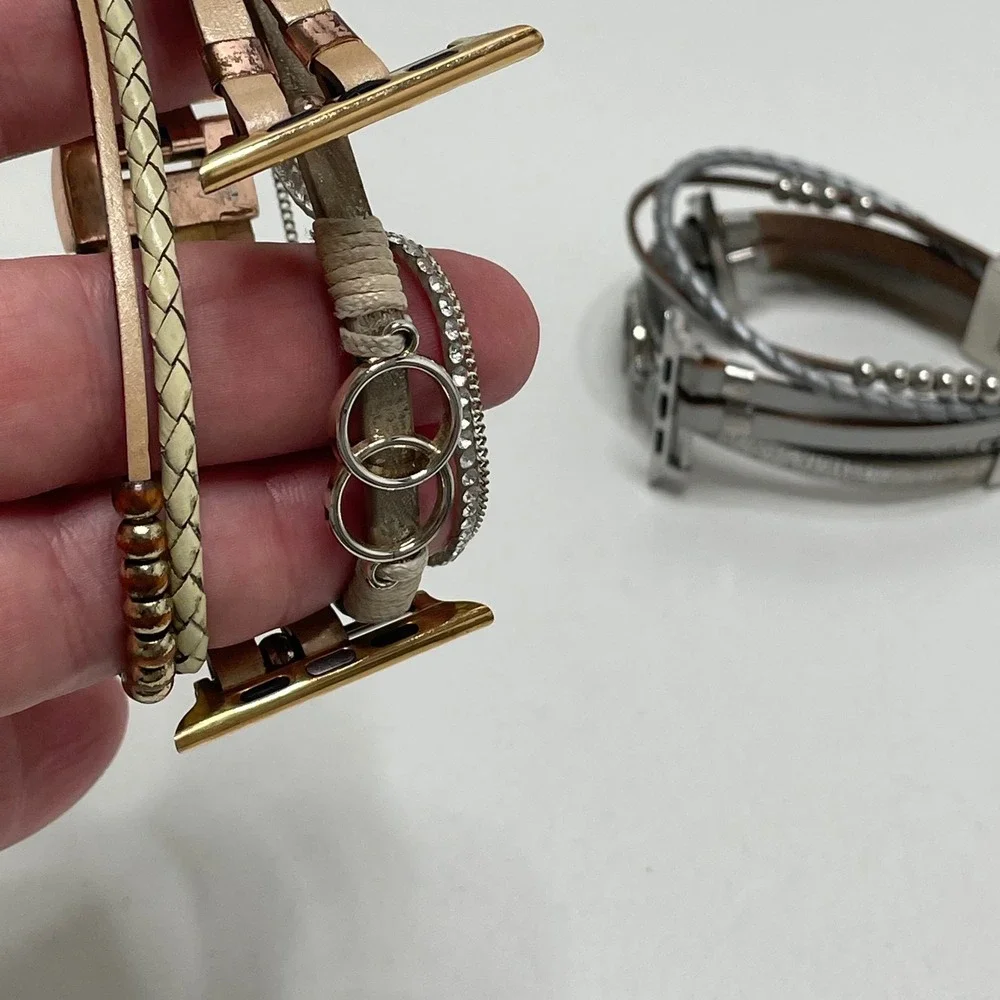 Set of 2 Boho Multi-Strand Leather Apple Watch Bands Rose Gold and Silver